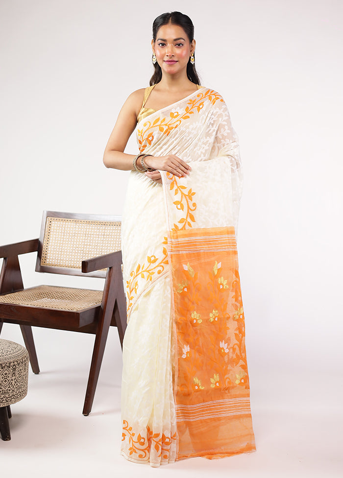 Cream Jamdani Cotton Saree Without Blouse Piece