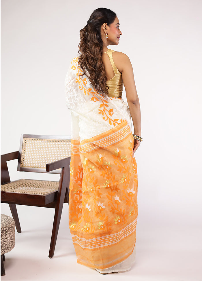 Cream Jamdani Cotton Saree Without Blouse Piece