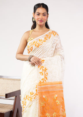 Cream Jamdani Cotton Saree Without Blouse Piece