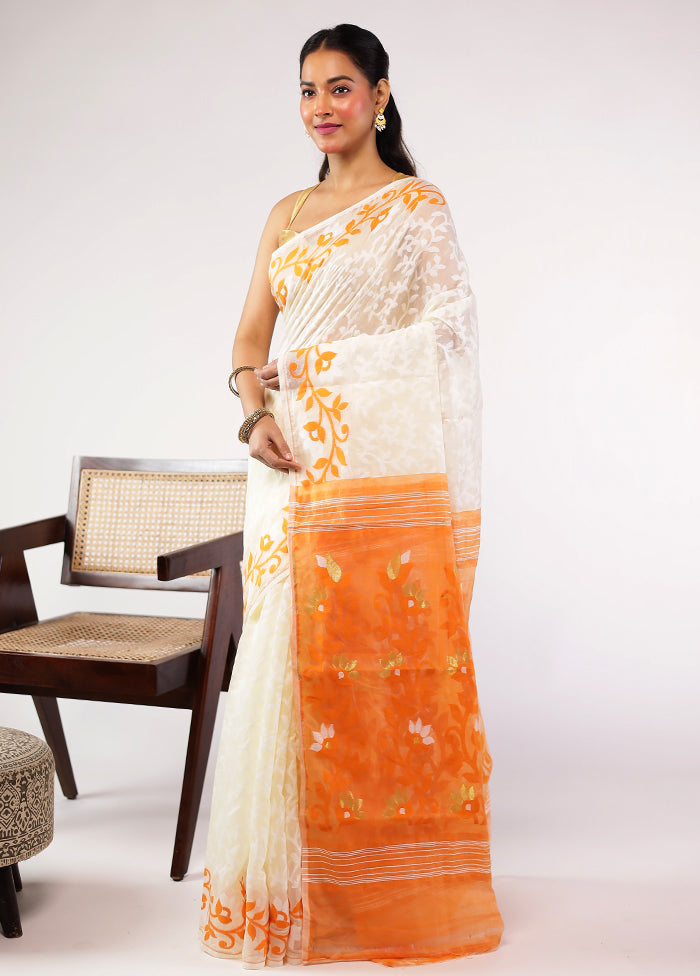 Cream Jamdani Cotton Saree Without Blouse Piece