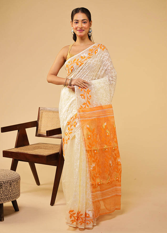 Cream Jamdani Cotton Saree Without Blouse Piece