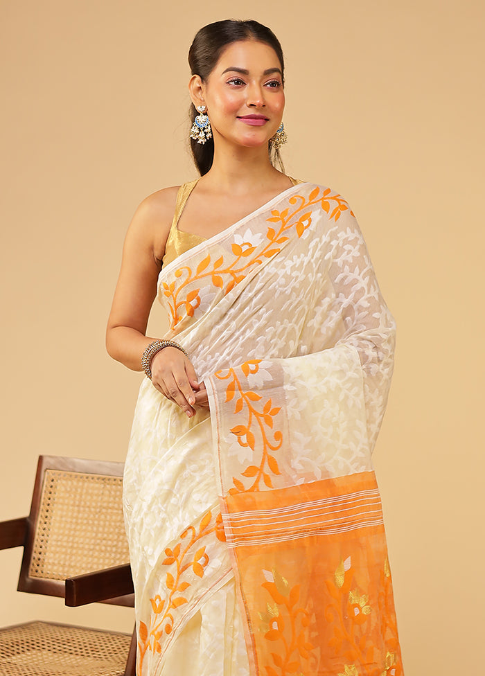 Cream Jamdani Cotton Saree Without Blouse Piece