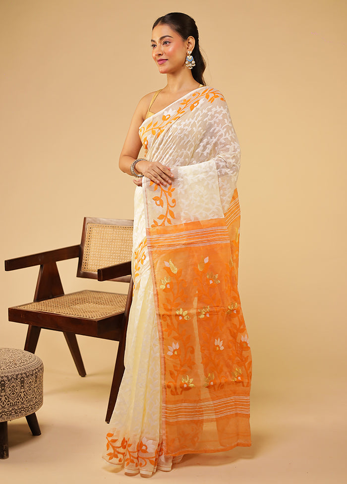 Cream Jamdani Cotton Saree Without Blouse Piece