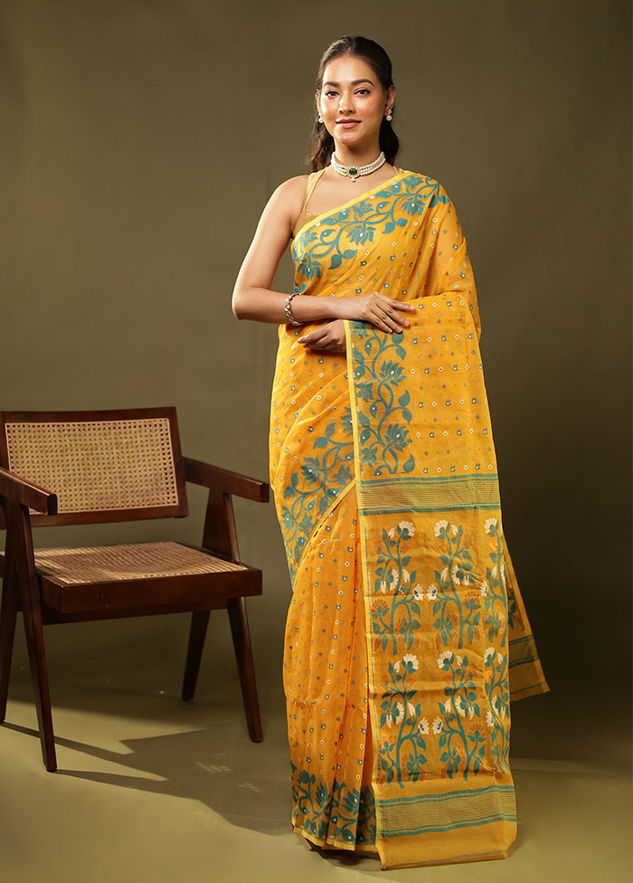 Yellow Jamdani Cotton Saree Without Blouse Piece