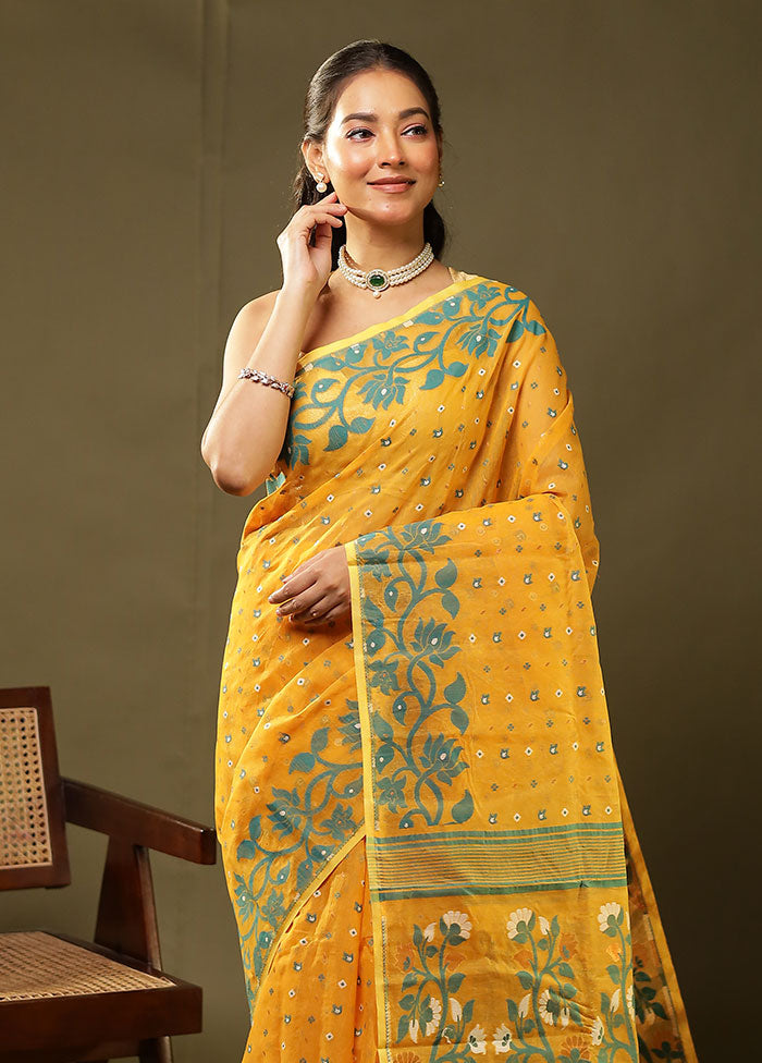Yellow Jamdani Cotton Saree Without Blouse Piece