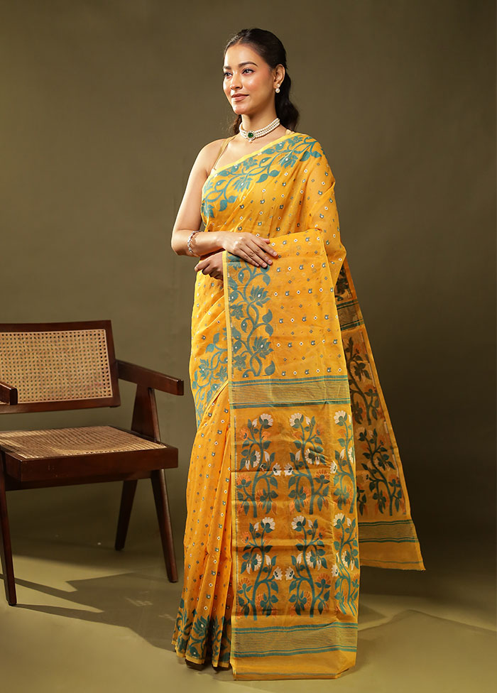 Yellow Jamdani Cotton Saree Without Blouse Piece