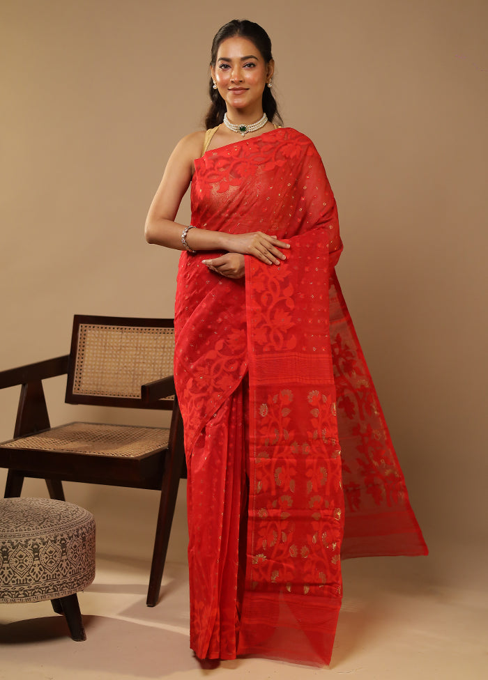 Red Jamdani Cotton Saree Without Blouse Piece