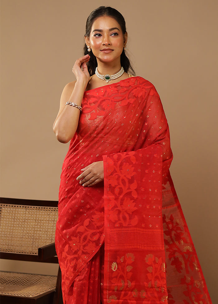 Red Jamdani Cotton Saree Without Blouse Piece