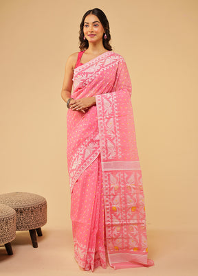 Pink Jamdani Cotton Saree Without Blouse Piece