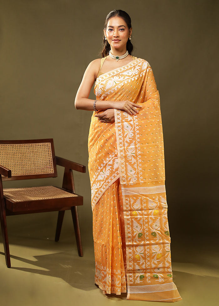 Peach Jamdani Cotton Saree Without Blouse Piece