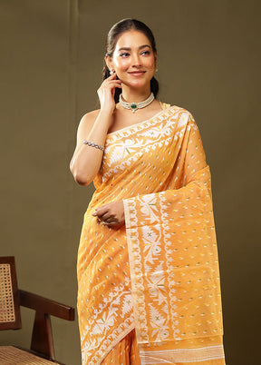 Peach Jamdani Cotton Saree Without Blouse Piece