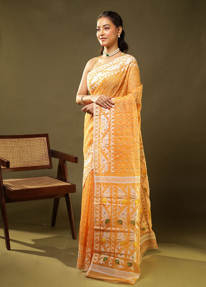 Peach Jamdani Cotton Saree Without Blouse Piece