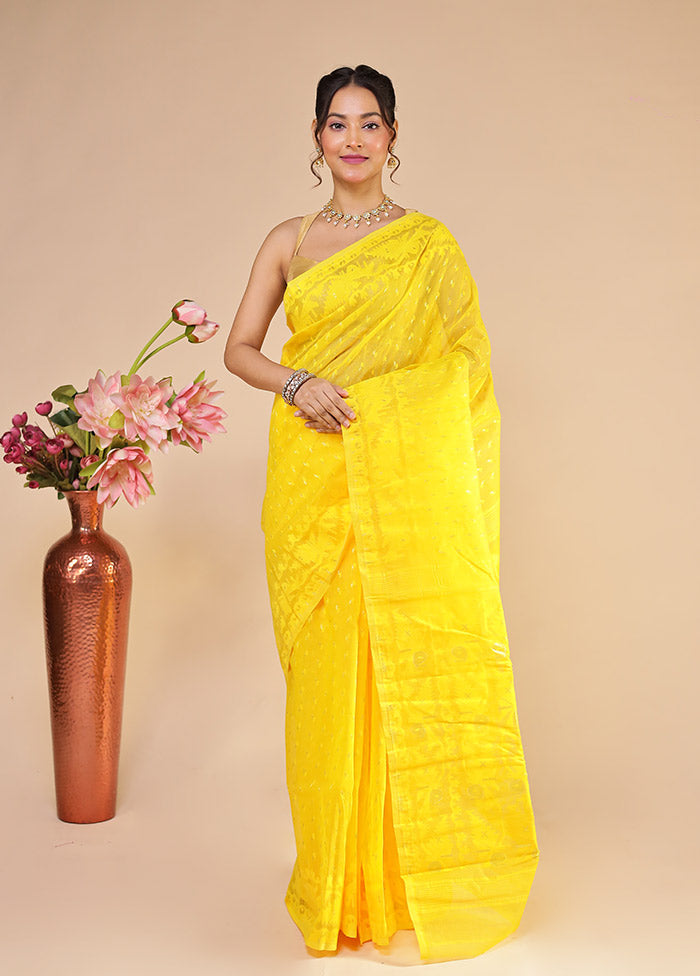 Yellow Jamdani Cotton Saree Without Blouse Piece