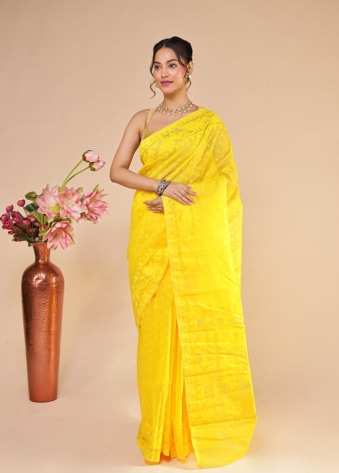 Yellow Jamdani Cotton Saree Without Blouse Piece