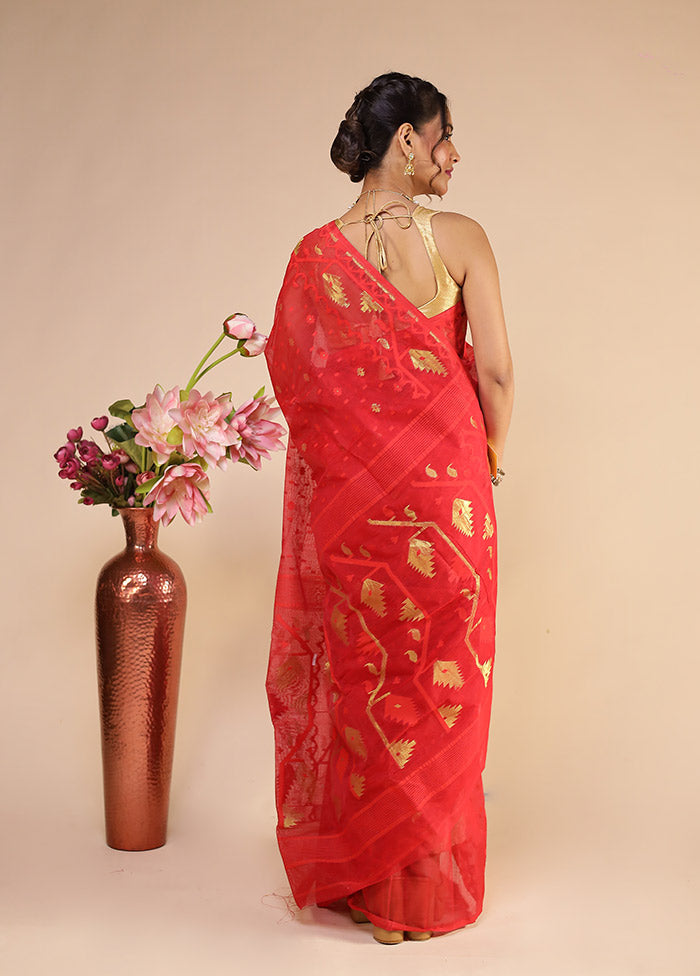 Red Jamdani Cotton Saree Without Blouse Piece