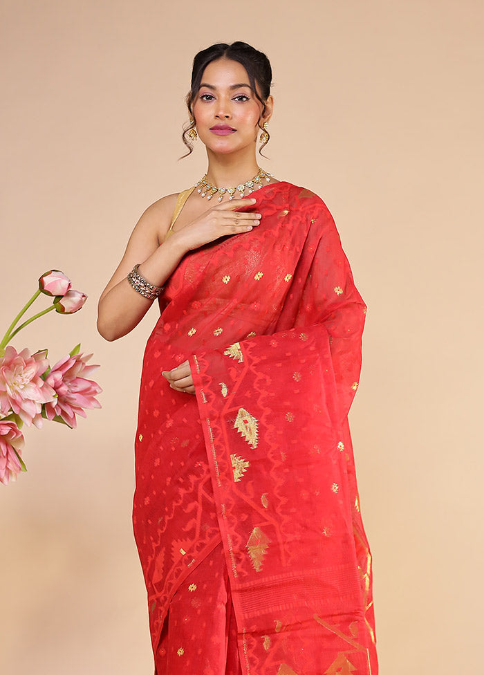 Red Jamdani Cotton Saree Without Blouse Piece