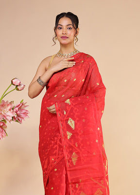 Red Jamdani Cotton Saree Without Blouse Piece