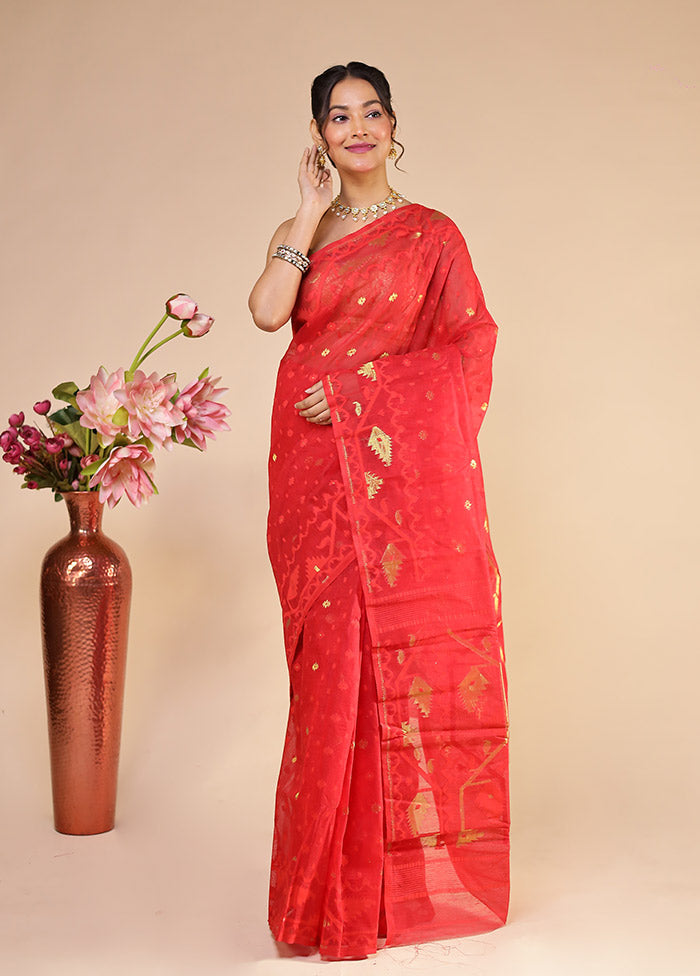 Red Jamdani Cotton Saree Without Blouse Piece