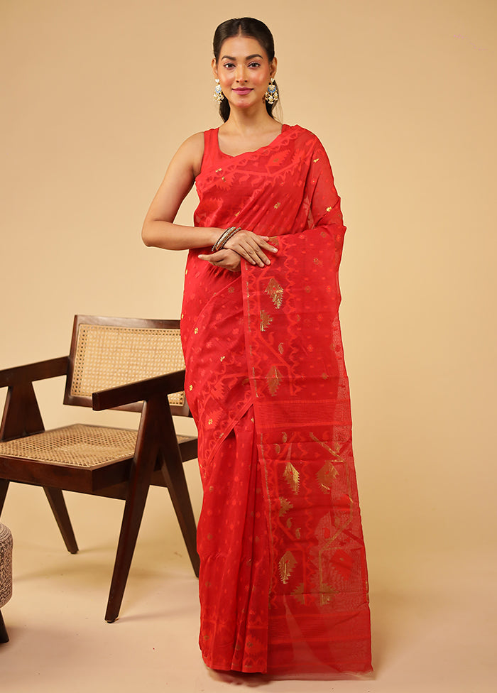 Red Jamdani Cotton Saree Without Blouse Piece