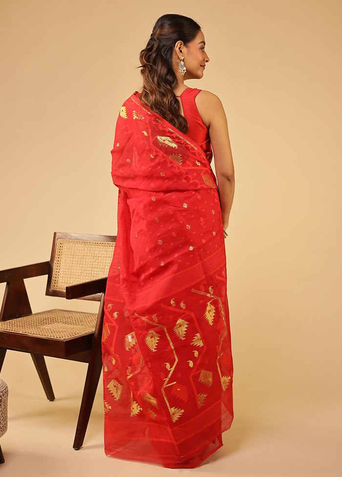 Red Jamdani Cotton Saree Without Blouse Piece