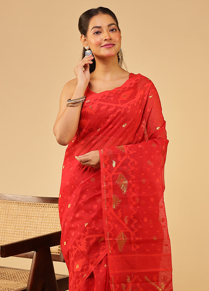 Red Jamdani Cotton Saree Without Blouse Piece
