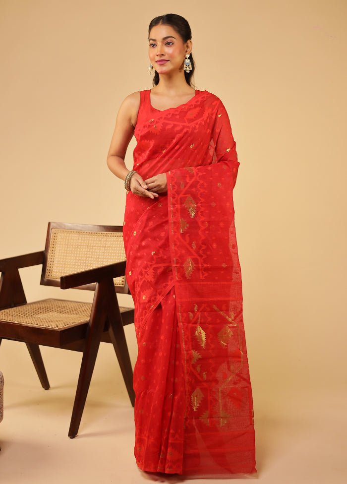 Red Jamdani Cotton Saree Without Blouse Piece
