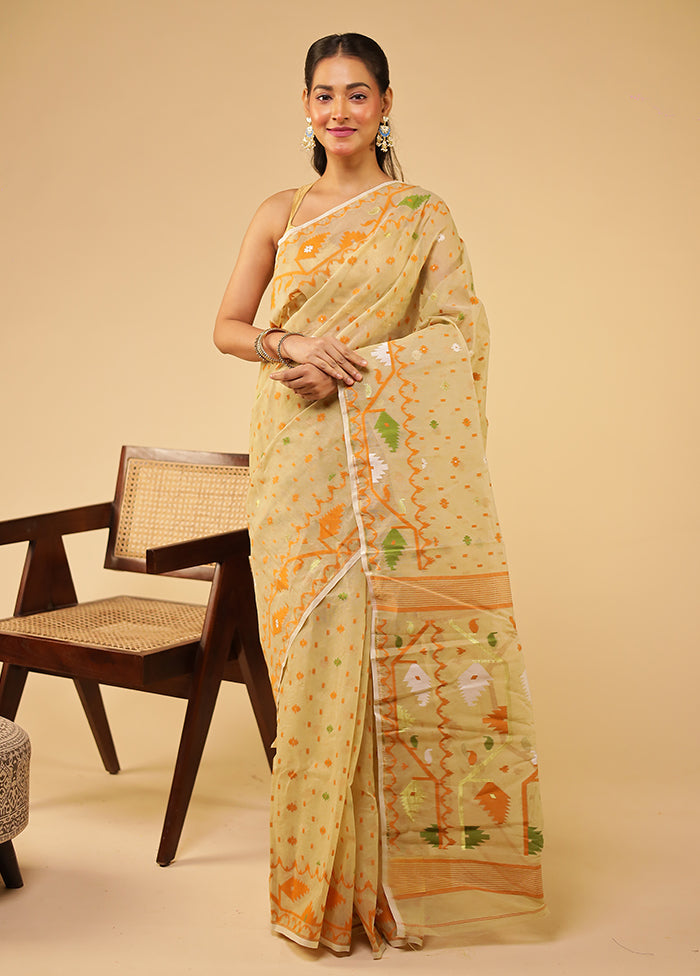 Cream Jamdani Cotton Saree Without Blouse Piece