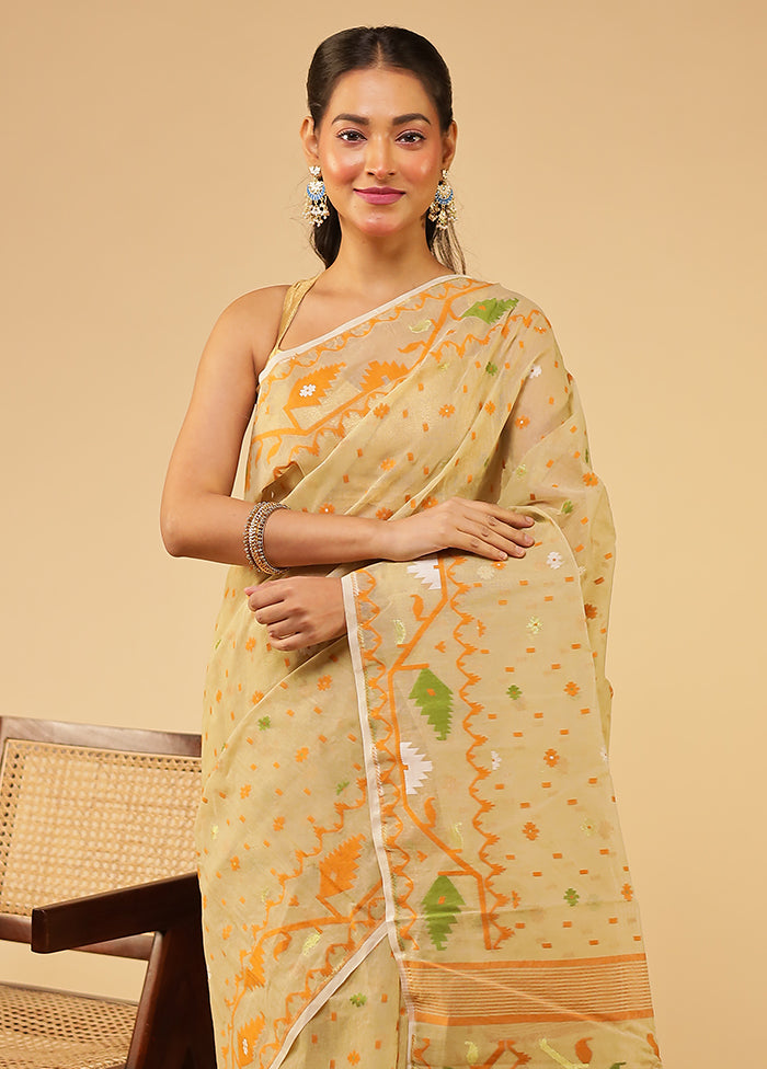 Cream Jamdani Cotton Saree Without Blouse Piece