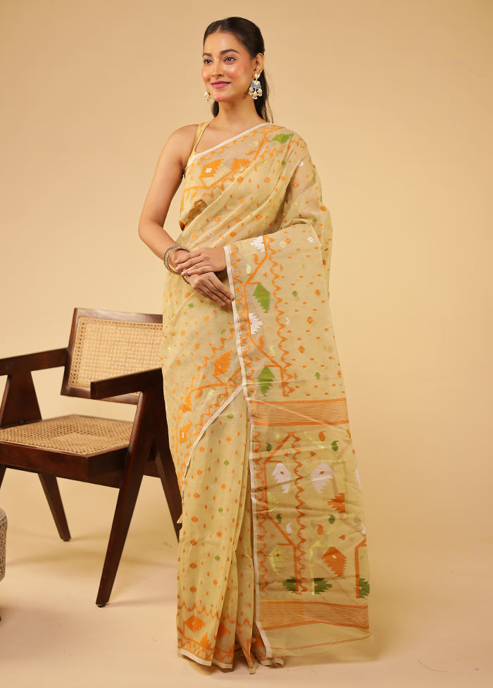 Cream Jamdani Cotton Saree Without Blouse Piece