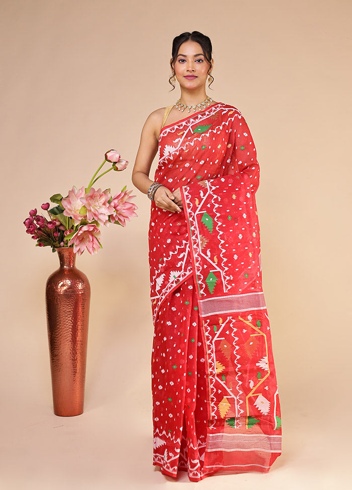 Red Jamdani Cotton Saree Without Blouse Piece