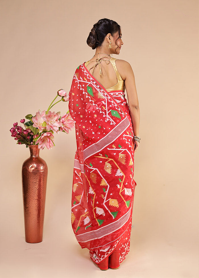 Red Jamdani Cotton Saree Without Blouse Piece