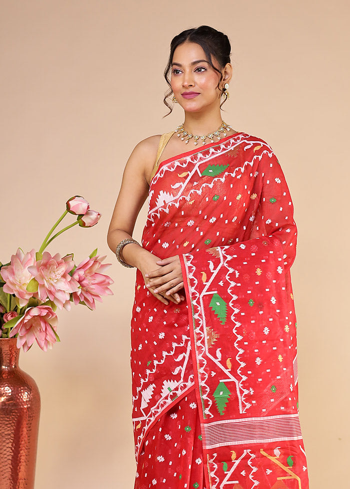 Red Jamdani Cotton Saree Without Blouse Piece