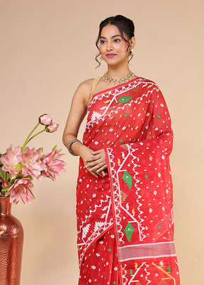 Red Jamdani Cotton Saree Without Blouse Piece