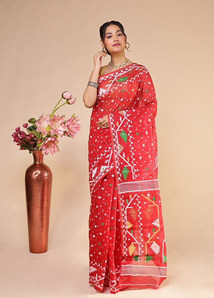 Red Jamdani Cotton Saree Without Blouse Piece