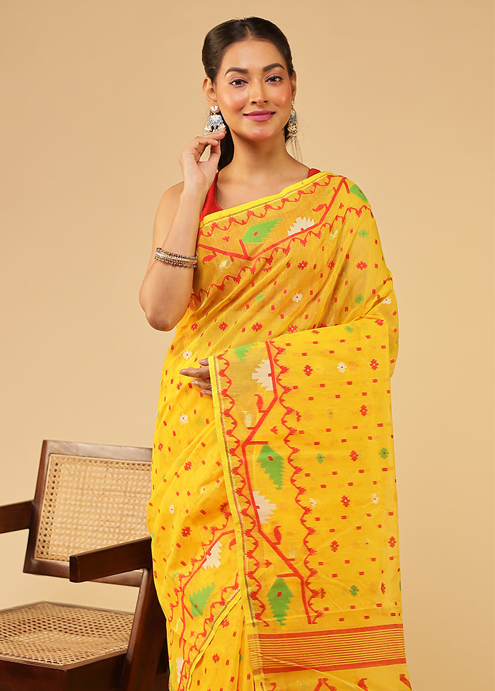 Yellow Jamdani Cotton Saree Without Blouse Piece