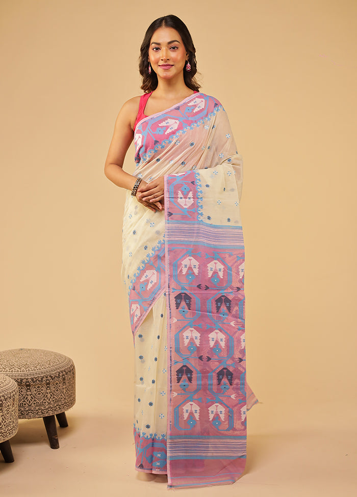 Cream Jamdani Cotton Saree Without Blouse Piece
