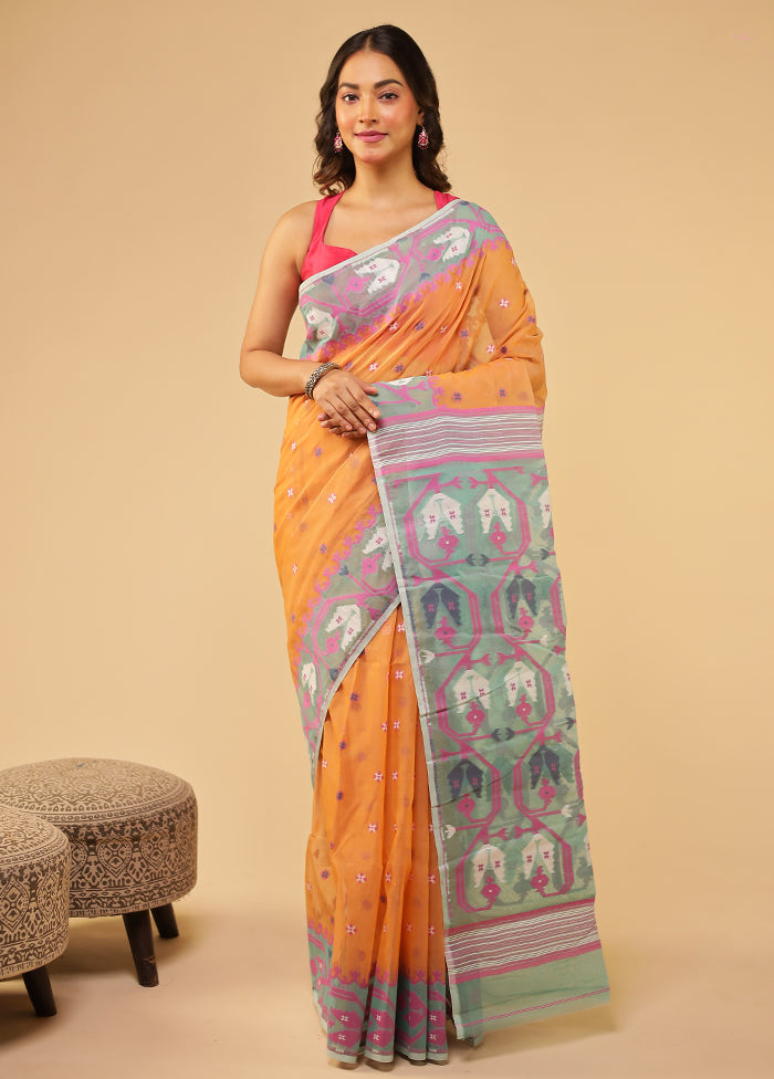 Peach Jamdani Cotton Saree Without Blouse Piece