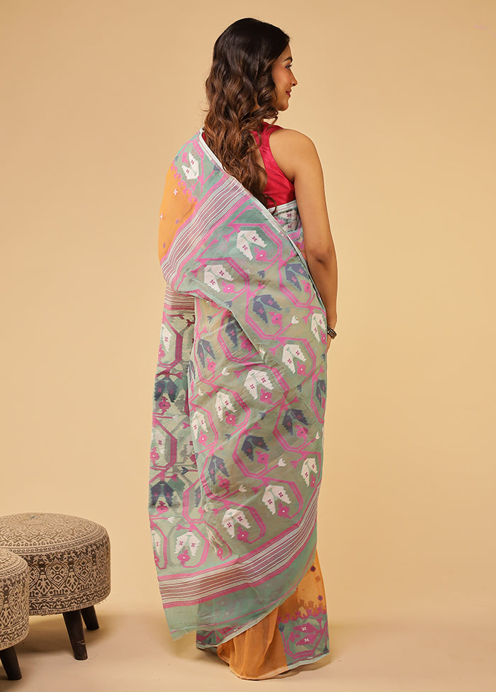 Peach Jamdani Cotton Saree Without Blouse Piece