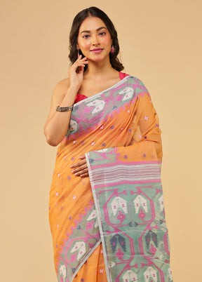 Peach Jamdani Cotton Saree Without Blouse Piece