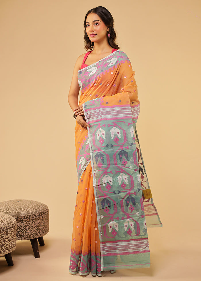 Peach Jamdani Cotton Saree Without Blouse Piece