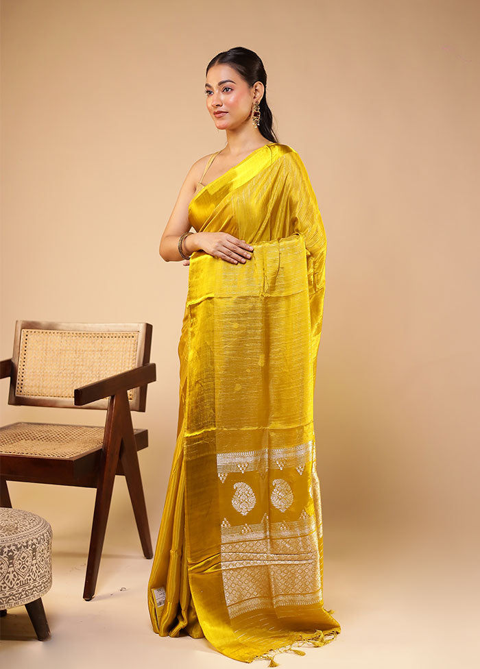 Yellow Dupion Silk Saree With Blouse Piece