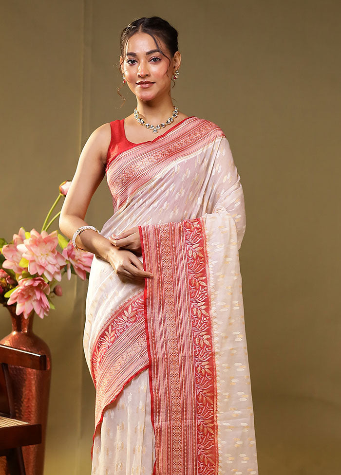 White Kora Silk Saree With Blouse Piece