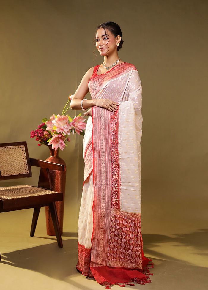 White Kora Silk Saree With Blouse Piece