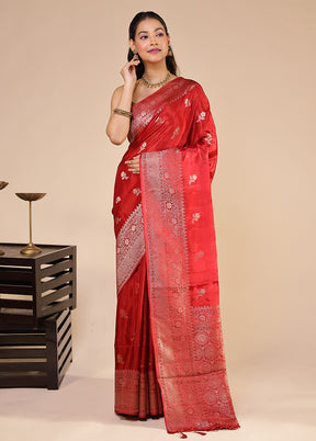 Red Dupion Silk Saree With Blouse Piece