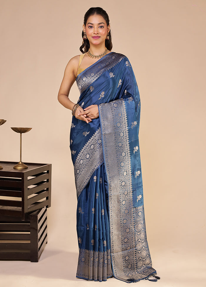 Blue Dupion Silk Saree With Blouse Piece