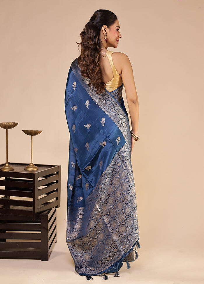 Blue Dupion Silk Saree With Blouse Piece
