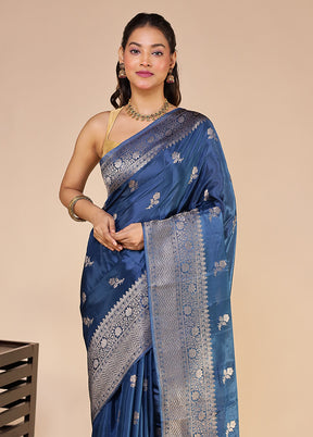 Blue Dupion Silk Saree With Blouse Piece
