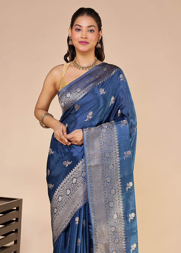 Blue Dupion Silk Saree With Blouse Piece