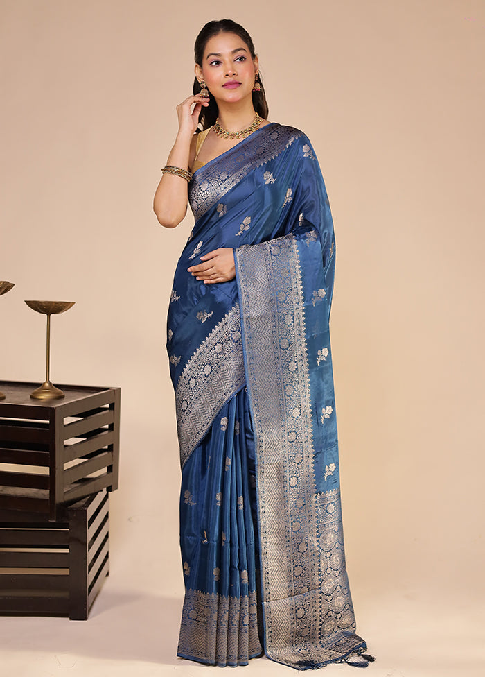 Blue Dupion Silk Saree With Blouse Piece