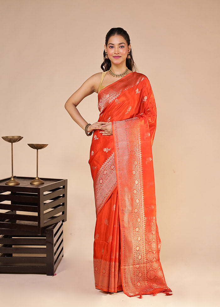 Orange Dupion Silk Saree With Blouse Piece